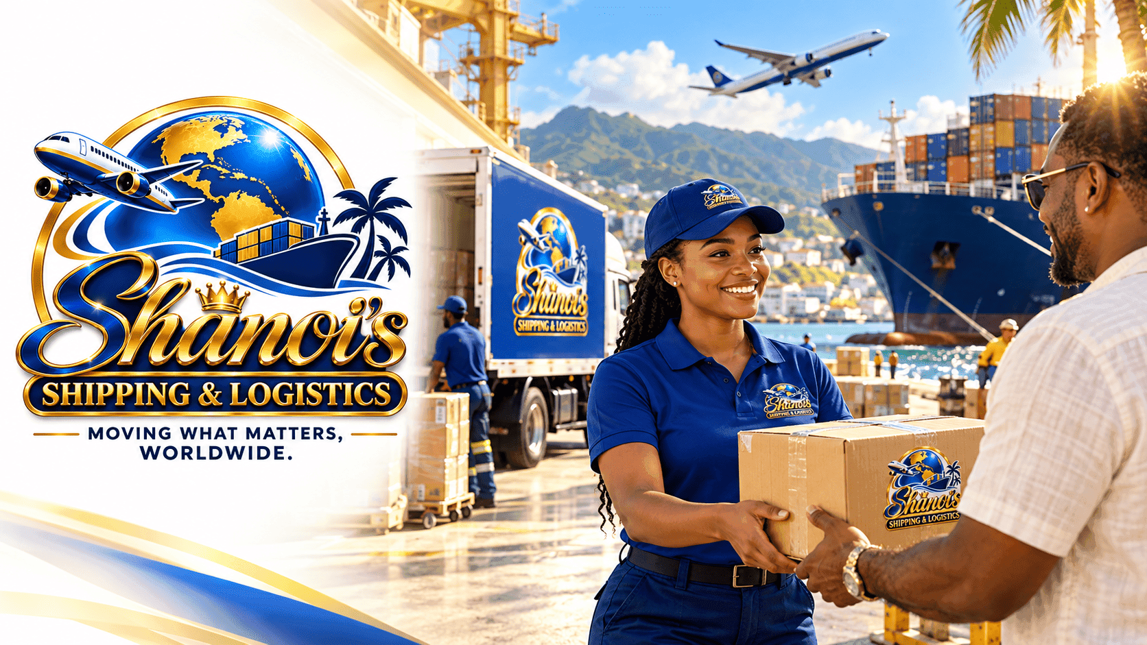 Shanoi’s Shipping & Logistics artwork with blue and gold branding, a cargo ship and a parcel handover